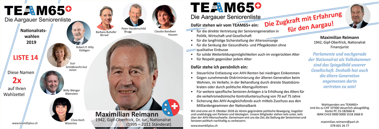 Wahlflyer Maximilian Reimann - Liste 14 - TEAM65+